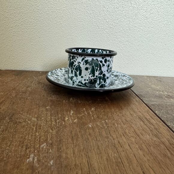 Vintage Reproduction White Green Child Size Granite Enamel Ware Tea cup & saucer - Picture 10 of 11